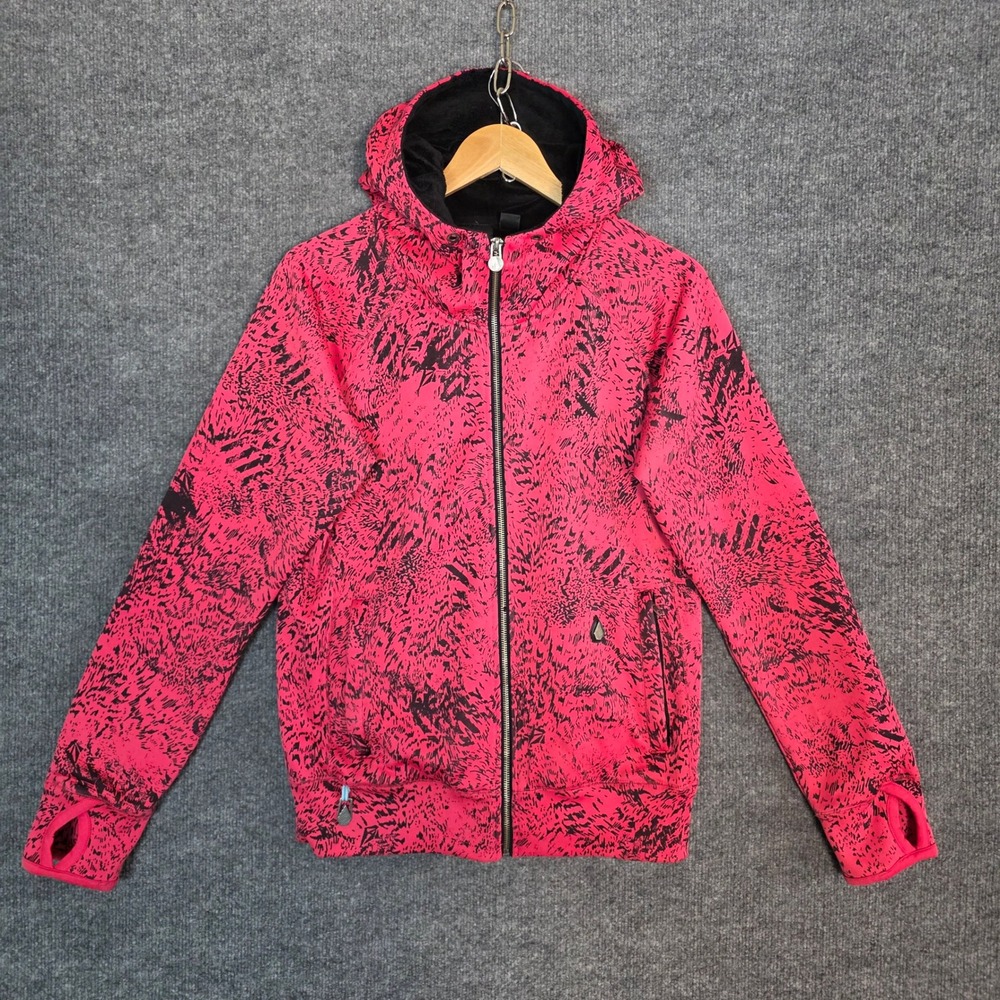 Vintage Volcom Women Red Black Animal Print Zip Up Hoodie Fleece Jacket Ski Snow